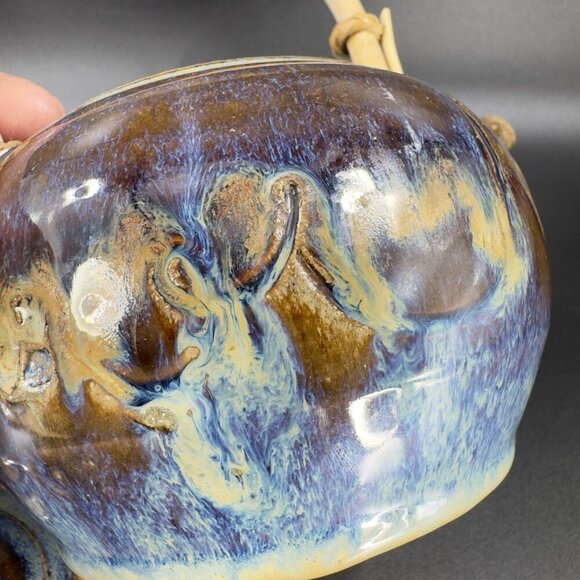 Vintage Pottery Stoneware Teapot Carafe With Wood Handle Drip Glaze Signed Mosia - Picture 9 of 16